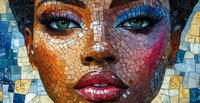 Colorful mosaic portrait of woman's face with vibrant blue eyeshadow, orange and pink cheeks, and glossy red lips against geometric tile background.