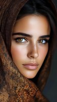 Close-up portrait of young Middle Eastern woman with amber eyes and freckles wearing brown hijab, natural makeup look against dark background.