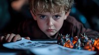 Young boy with intense blue eyes looking at fantasy gaming miniatures on table, dramatic lighting creates mysterious mood for tabletop roleplay gaming scene.