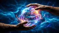 Hands holding glowing digital globe with electric blue and purple energy waves, representing global technology, innovation, and digital connectivity for business and science concepts.