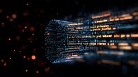 Digital data stream visualization with glowing blue code text flowing through dark space, abstract technology concept for cybersecurity and programming.