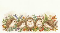Cute hedgehogs surrounded by autumn leaves, flowers, and botanical elements in watercolor style, suitable for children's books, nursery decor, and seasonal designs.