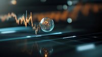 Glowing disco ball with financial chart graph line on dark background, digital market data visualization with bokeh light effects and reflection.