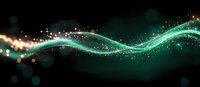 Magical glowing turquoise wave with golden sparkles and bokeh effects flowing on dark background, creating ethereal motion trail for festive designs.