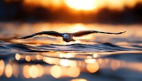 Seagull flying low over water surface at sunset, wings spread wide, creating reflection in rippling water with golden bokeh lights and dramatic orange sky.