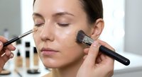 Young woman getting professional makeup application with brushes in modern beauty salon for cosmetic treatment and skincare routine.