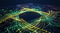 Glowing neon circuit board with swirling green and yellow light trails forming a vortex around a dark microchip core.