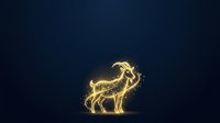 Glowing golden goat silhouette with sparkling light particles on dark blue background, suitable for logos, branding, and mystical design projects.