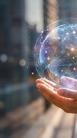 Hand holding holographic digital globe with network connections and data points floating above palm in modern urban environment for technology concepts.