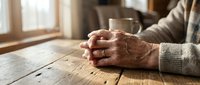 Elderly hands clasped together on wooden table in warm sunlight, showing wisdom and contemplation in peaceful home setting for wellness concepts.