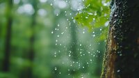Raindrops falling in green forest with tree trunk in foreground, creating magical bokeh effect and natural water drops against blurred woodland background.