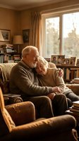 Senior Caucasian couple embracing on cozy living room sofa surrounded by books and family photos in warm golden light for retirement lifestyle content.