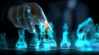 Glowing blue chess pieces on dark background with dramatic lighting and smoke effects create mysterious strategic atmosphere for business concepts.