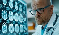 Bald male doctor with glasses and beard examining brain MRI scans on light box display in hospital. Medical professional analyzing neurological diagnostic images.