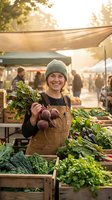 Happy young Caucasian female farmer in beanie and overalls holding fresh beets at outdoor farmers market stand with organic vegetables during golden hour.