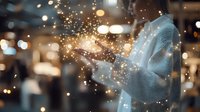 Young woman in cozy sweater holds glowing magical sparkles in hands against blurred bokeh background, creating dreamy winter atmosphere.