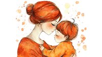 Tender moment between mother and child with matching red hair, embracing against watercolor splashes in warm orange tones.