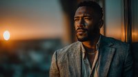 Professional African American businessman in suit looking contemplatively at sunset through office window, representing success and leadership in corporate environment.