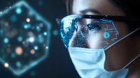 Asian female medical professional wearing protective face mask and glasses with futuristic holographic display showing digital health technology interface.