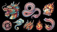 Colorful dragon and fire elements isolated on transparent background, ready for t-shirt design, clipart, stickers, sublimation, and print-on-demand projects.