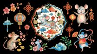 Cute Chinese zodiac rat clipart set with lanterns, coins, flowers, and lucky knots, isolated on transparent background. Great for stickers, T-shirts, print on demand.