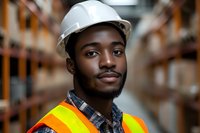 Young African American male warehouse worker wearing safety hard hat and high visibility vest smiles confidently in distribution center storage facility.
