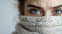 Close up view of expressive green eyes and eyebrows above warm knitted scarf wrapped around face, creating mysterious and intimate portrait against light background.