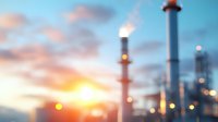 Industrial refinery chimneys with burning flames against dramatic sunset sky, blurred bokeh effect creates atmospheric mood for environmental and energy concepts.
