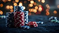 Stacks of red and blue gaming chips on dark surface with glowing bokeh lights in background, creating atmospheric casino ambiance and gambling concept.