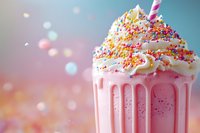 Pink strawberry milkshake topped with whipped cream, colorful sprinkles and striped straw against blurred bokeh background, sweet dessert drink closeup.