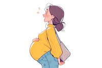 Expecting Asian woman in yellow sweater and jeans holding laptop, side view illustration showing pregnancy belly and messy bun hairstyle in minimalist style.