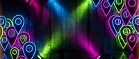 Vibrant neon location pins scattered on dark textured background with colorful light beams. Digital navigation and mapping concept for web design.