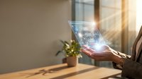 Businesswoman holding a glowing holographic digital interface in a modern office, showcasing futuristic technology and data visualization.