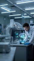 Male scientist analyzing brain data on holographic display in modern medical laboratory with advanced technology and digital interface for research.