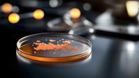 Bacterial culture in petri dish with orange colonies growing on agar medium, illuminated by soft laboratory lighting against dark background.