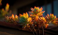 Vibrant succulent plants with orange and green leaves glowing in warm sunset light on wooden surface, creating cozy home atmosphere.