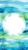 Watercolor ocean waves frame with coral reef elements and white circle space for text on aqua blue green marine background for invitations and cards.