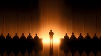 Business leader standing before team silhouettes with bright golden light backdrop for corporate presentations and leadership concepts.