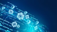Cryptocurrency blockchain network with floating digital coins and encrypted data streams on blue technology background for fintech presentations.