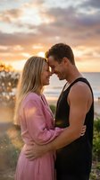Young Caucasian couple embracing intimately at golden hour sunset by ocean, romantic moment with warm lighting and dramatic sky for love and relationship concepts.