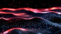 Abstract digital waves with glowing red and blue particles flowing on dark background, creating dynamic motion effect for technology presentations and backgrounds.