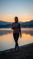 Young athletic woman walking by lake at sunrise wearing sportswear jacket and leggings with mountains in background during golden hour morning exercise.