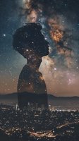 Double exposure silhouette of woman against night cityscape merged with starry galaxy and nebula, creating dreamy cosmic atmosphere over urban landscape.