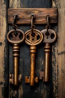 Vintage rusty skeleton keys with ornate bow designs hanging on wooden rack against dark wooden background, displaying antique craftsmanship and historical charm.