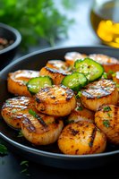 Grilled sea scallops with jalapeno slices served on black plate, garnished with fresh herbs and seasonings, close up view of gourmet seafood dish.