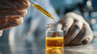 Scientist dropping golden CBD oil from pipette into glass jar in laboratory, demonstrating cannabis extract production process.