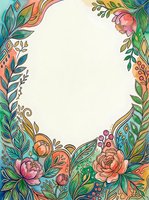 Watercolor floral frame with peonies, leaves, and berries in vibrant teal, pink, and orange tones, featuring a blank oval center for text or design.