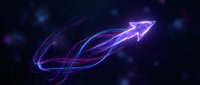 Glowing neon arrow pointing upward with swirling light trails on dark background, representing growth, success, and forward momentum for business presentations.