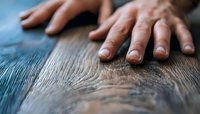 Close-up view of human hands touching textured wooden surface, showing sensory connection and natural materials. Soft focus creates atmospheric mood.