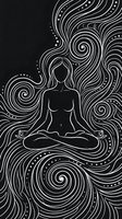 Silhouette of woman in lotus meditation pose surrounded by flowing spiral patterns and dots on black background for wellness and mindfulness designs.
